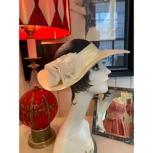 vintage 1970s wide brim hat navy and white rose 70s fashion millinery summer